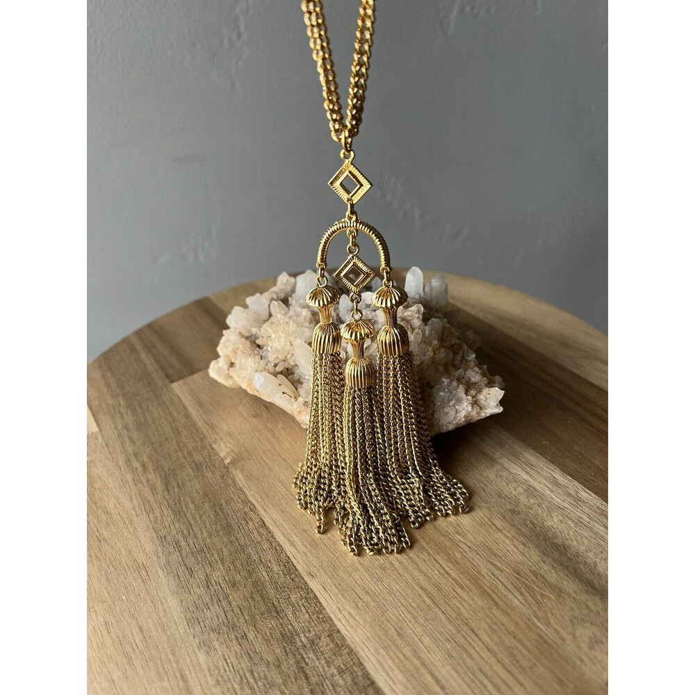 Signed Trifari Mid Century Triple Tassel Gold Tone Necklace